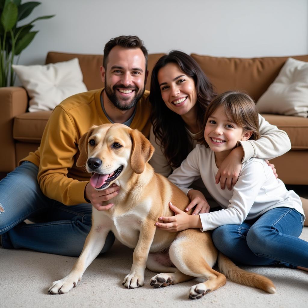 A happy family cuddling with their newly adopted dog from the Lewis and Clark Humane Society.