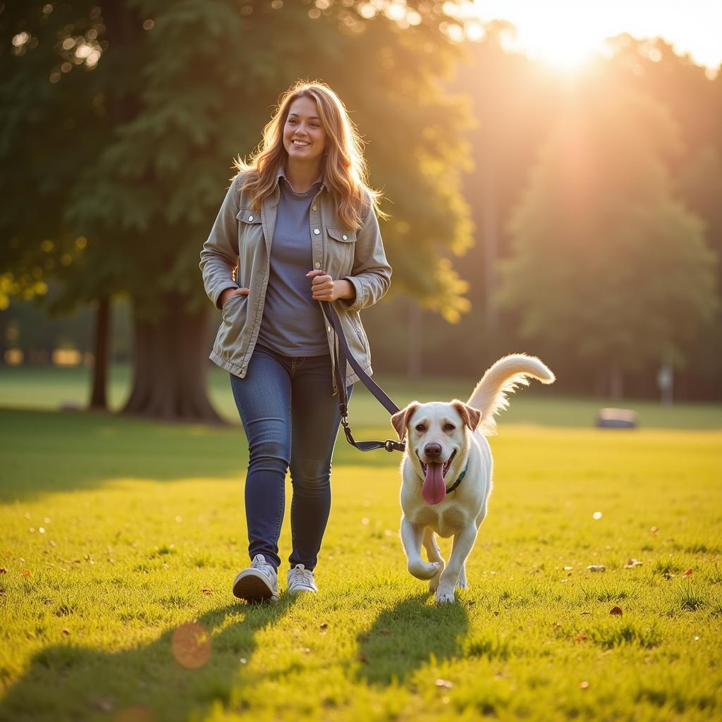 Volunteer enjoys a walk with a dog from the Licking County Humane Society