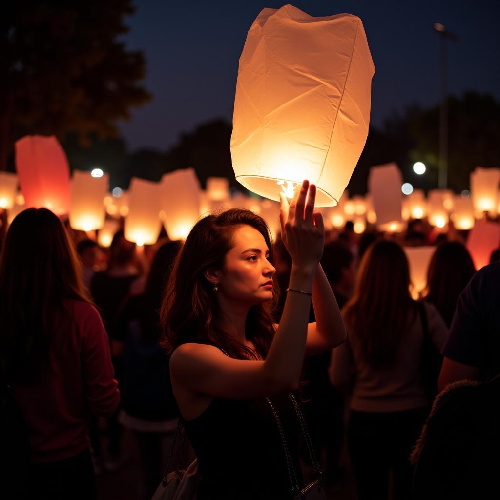 Light the Night Walk - A participant holds aloft a white lantern, symbolizing a loved one lost to blood cancer.