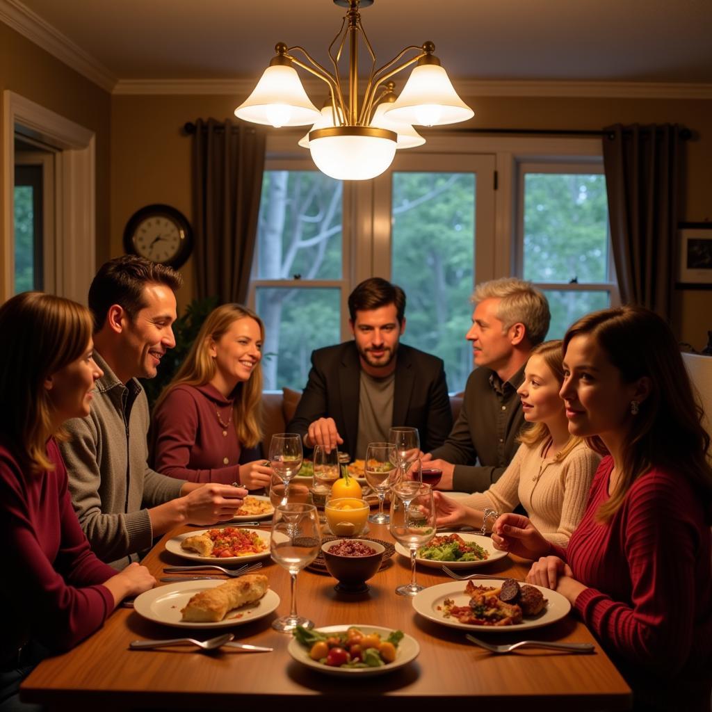 Family gathered for a meal under the Lise 22 chandelier