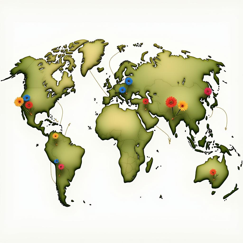 World Map with Interconnected Flowers