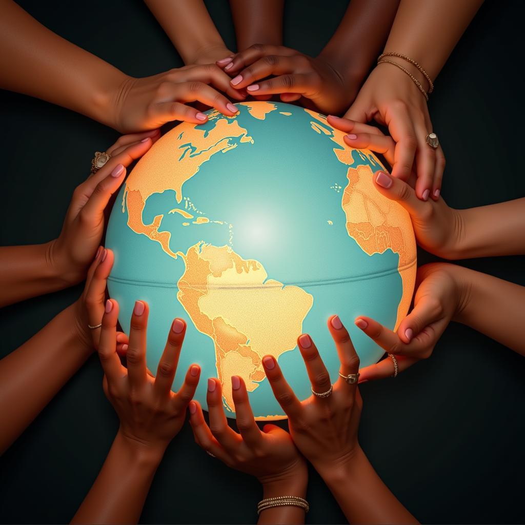 Diverse hands forming a circle around a glowing globe