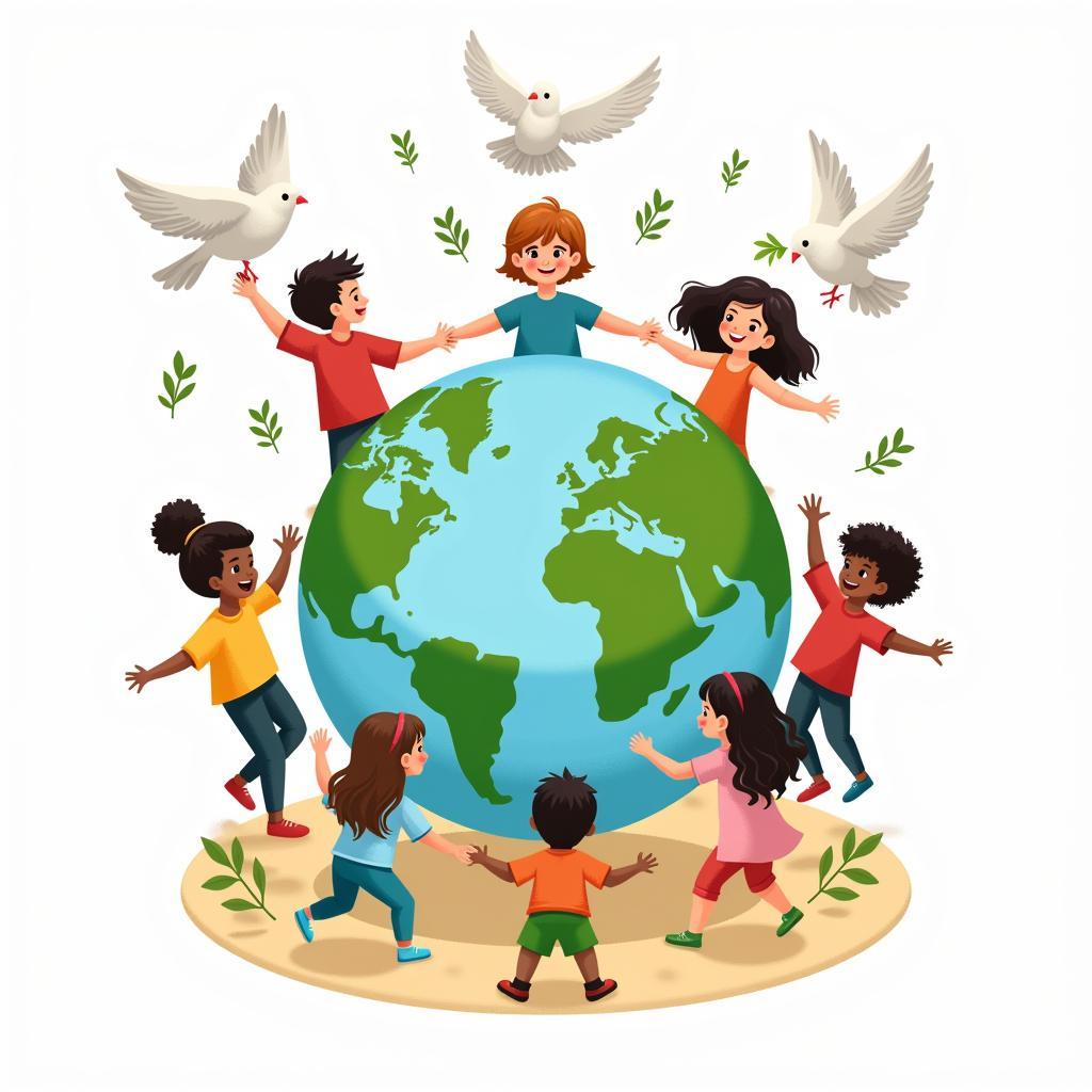 A watercolor illustration of children from diverse backgrounds holding hands around a globe adorned with doves and olive branches