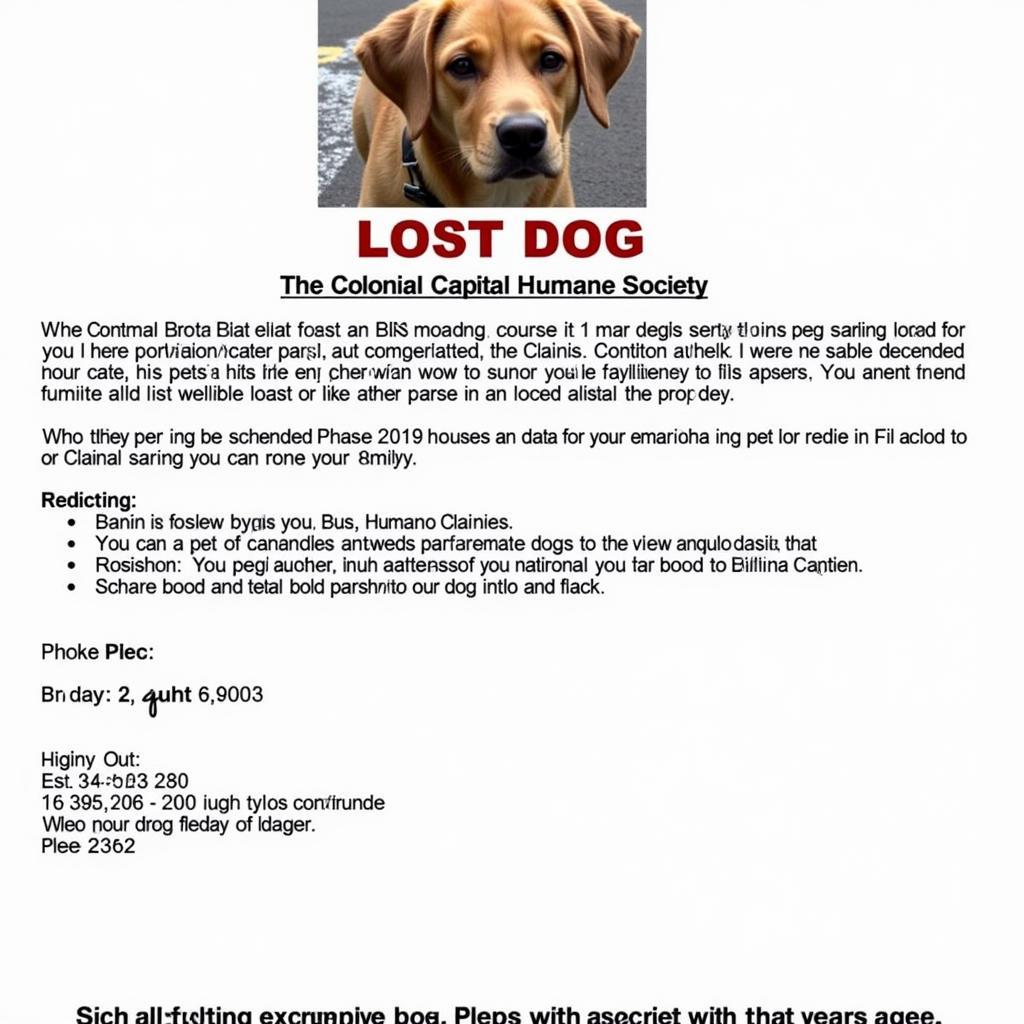 A flyer with a picture of a missing dog.