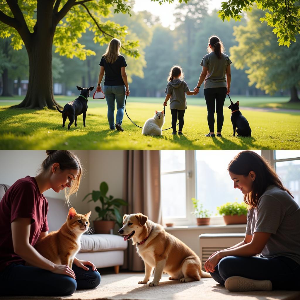 Volunteers walking dogs and playing with cats at a Lowell Humane Society event