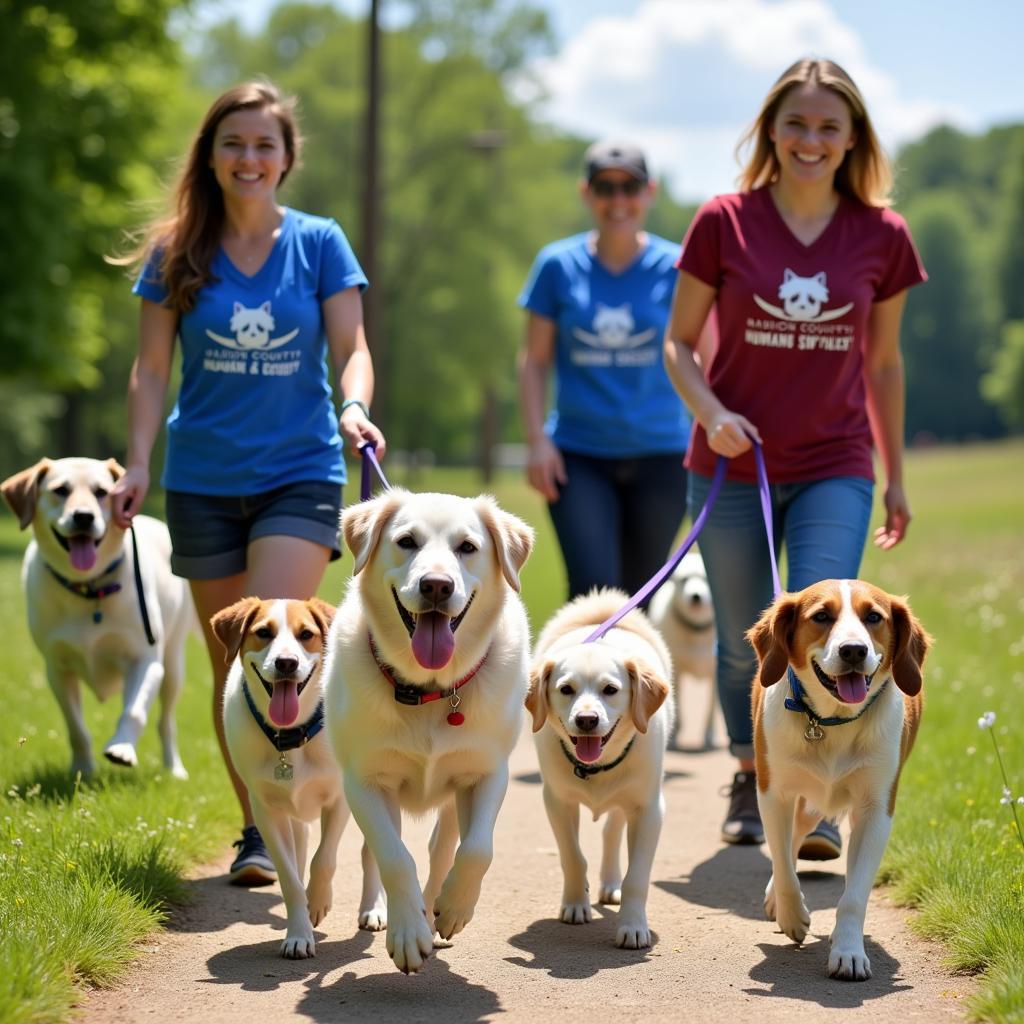 Volunteers walking dogs at the Madison County Humane Society