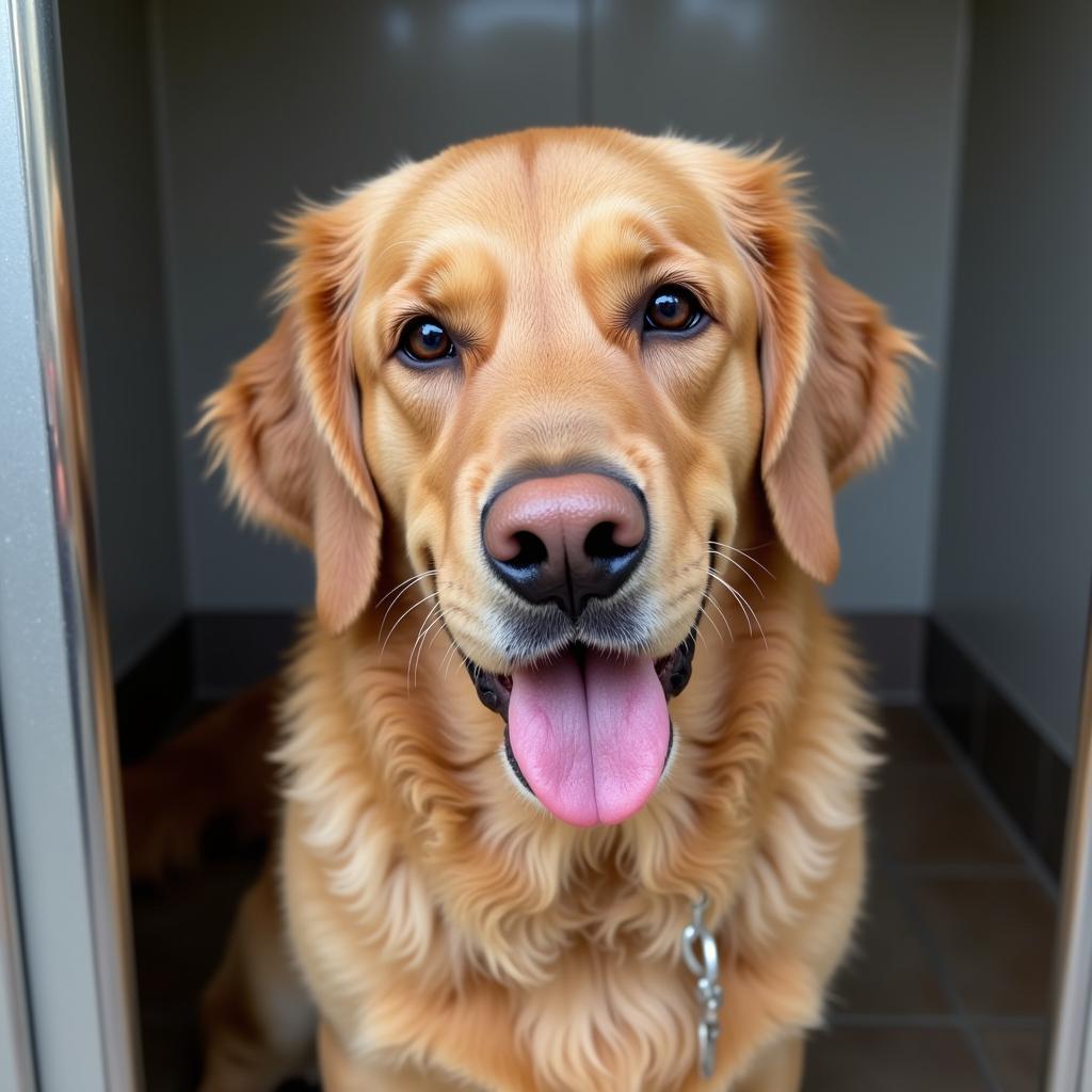 Dog patiently waiting in a kennel at the Madison SD Humane Society