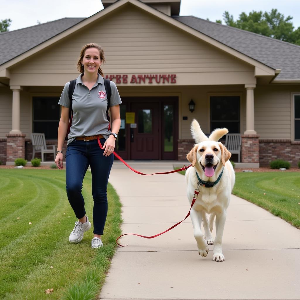 Volunteer walking a happy dog outside the Madison SD Humane Society