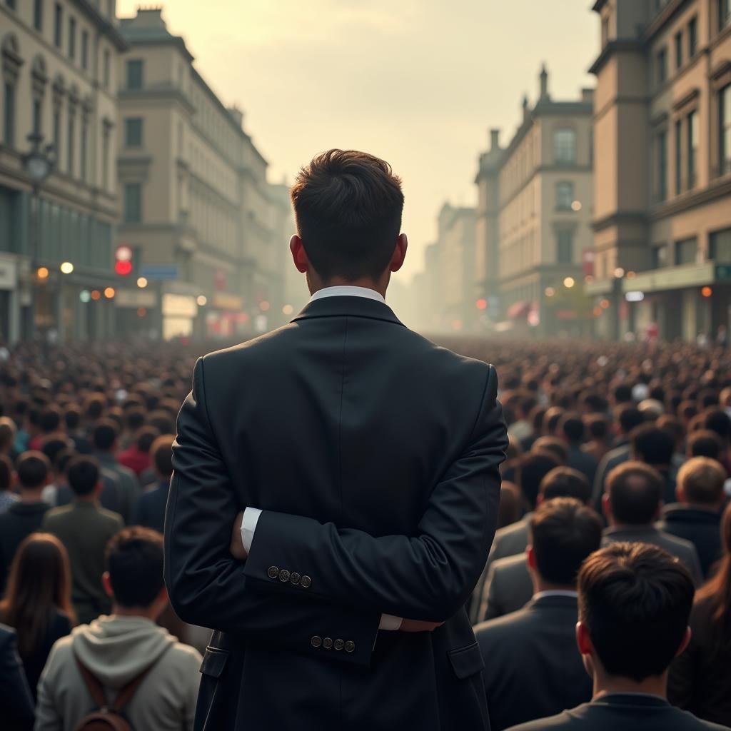 A man standing defiantly against a crowd