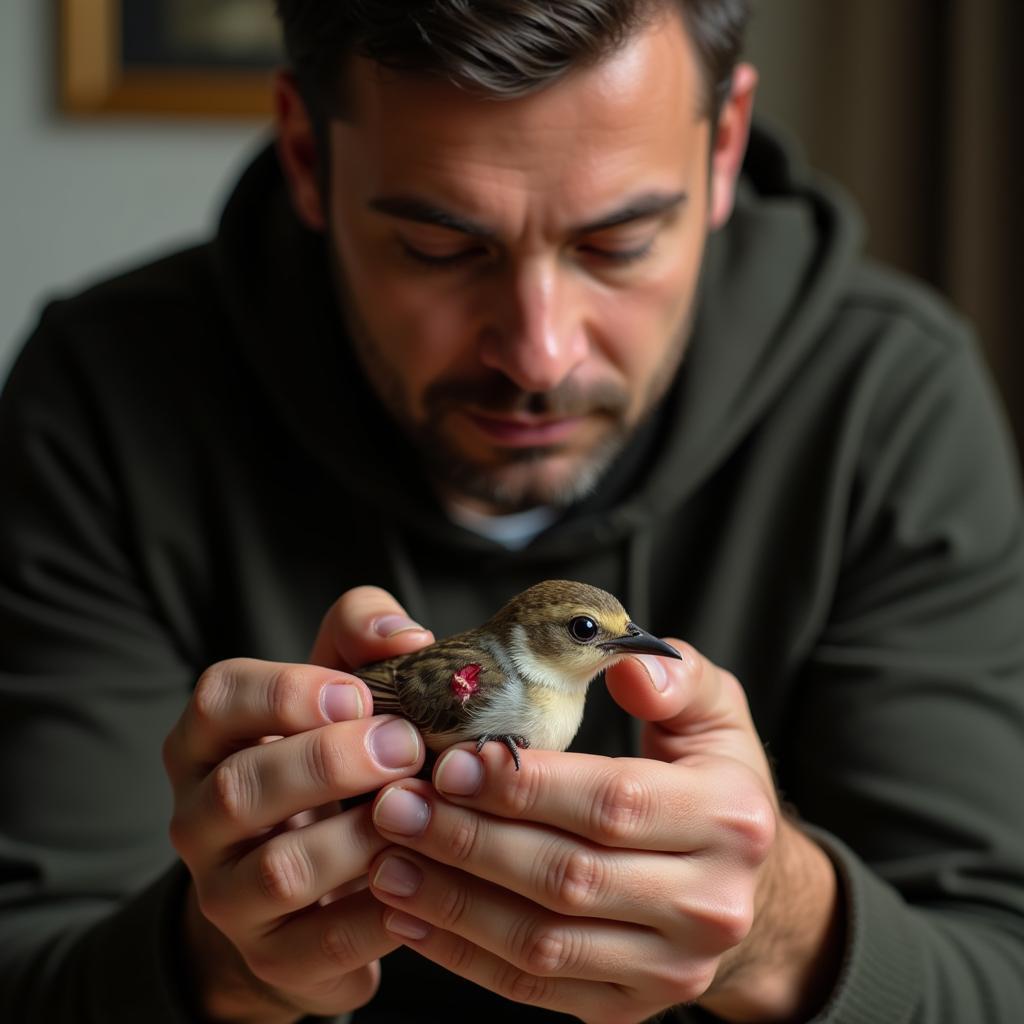 Man Gently Caring for an Injured Bird