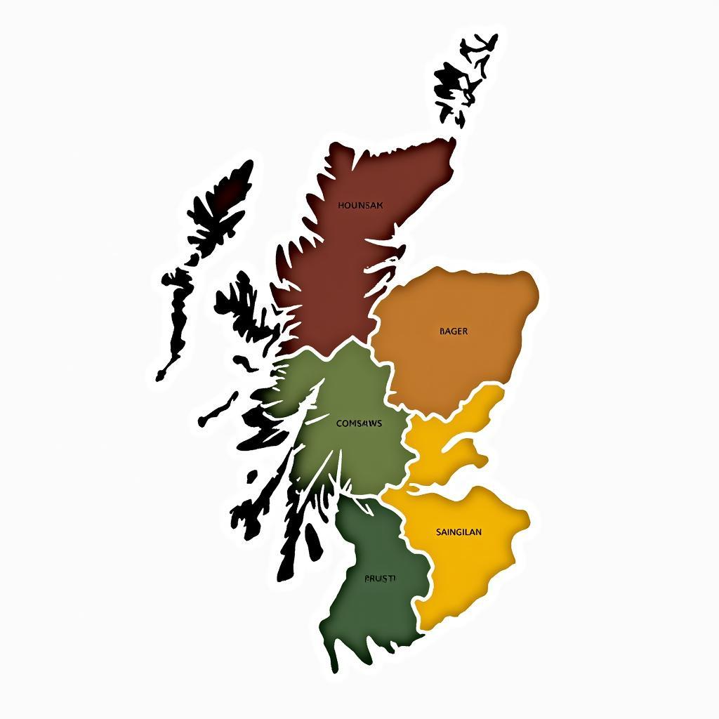 A stylized map of Scotland highlighting the different whisky regions.