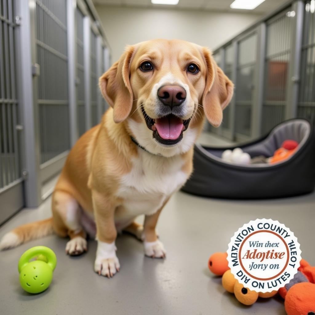 A happy dog at the Marathon County Humane Society awaiting adoption