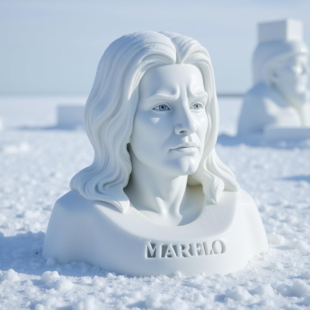 A snow sculpture depicting a person named Marcelo