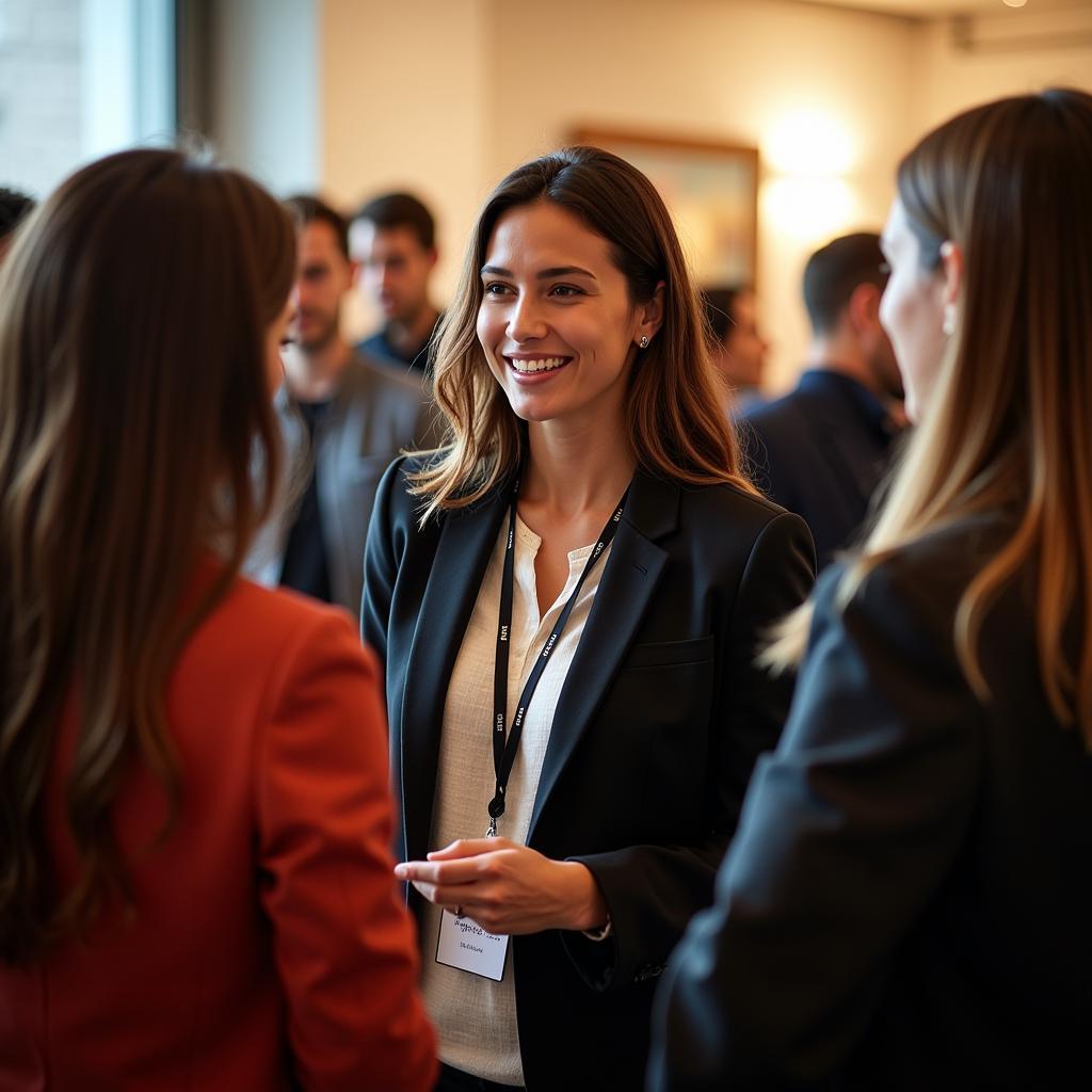 Margo at a Society for Peace event, engaging with attendees from diverse backgrounds