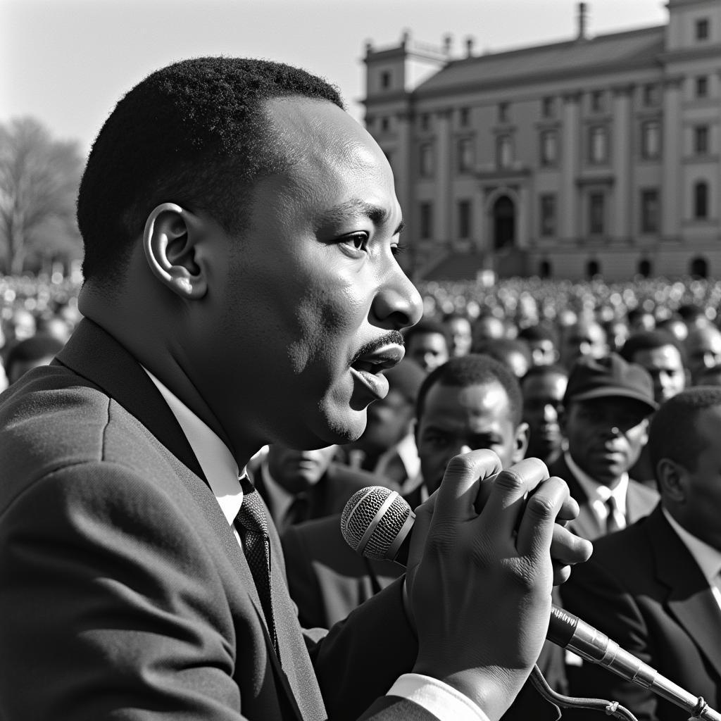 Black and white photo of Martin Luther King Jr. delivering his iconic "I Have a Dream" speech to a massive crowd.