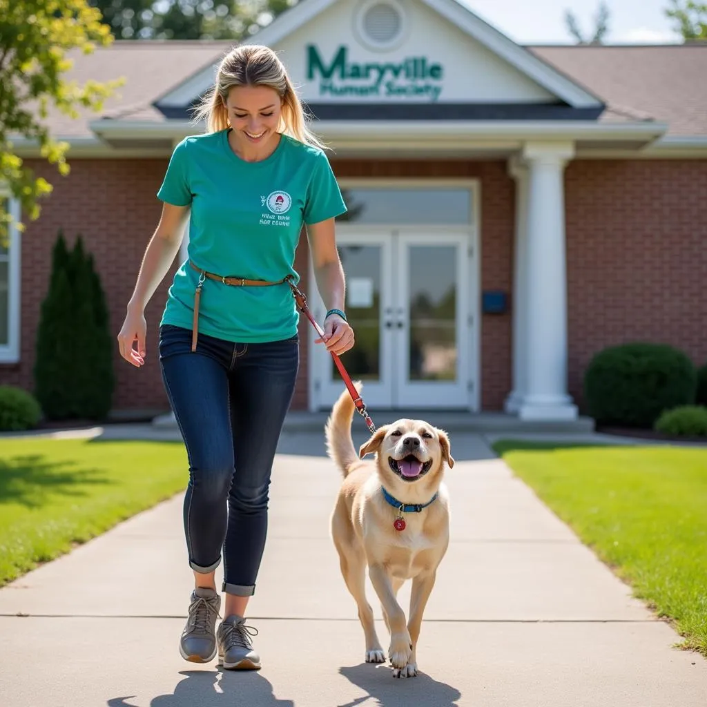 A volunteer walking a happy dog outside the Maryville Humane Society