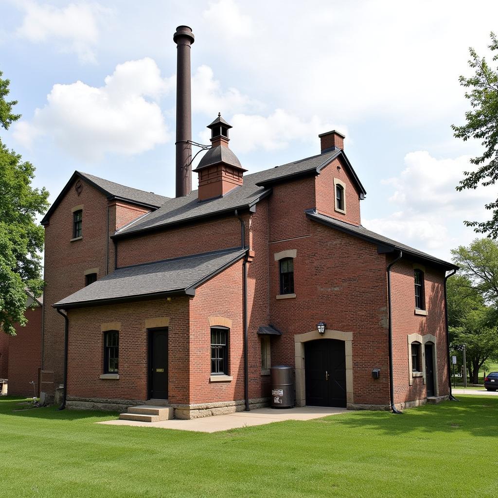 A vintage photograph showcasing a traditional distillery nestled in the Maumee Valley.