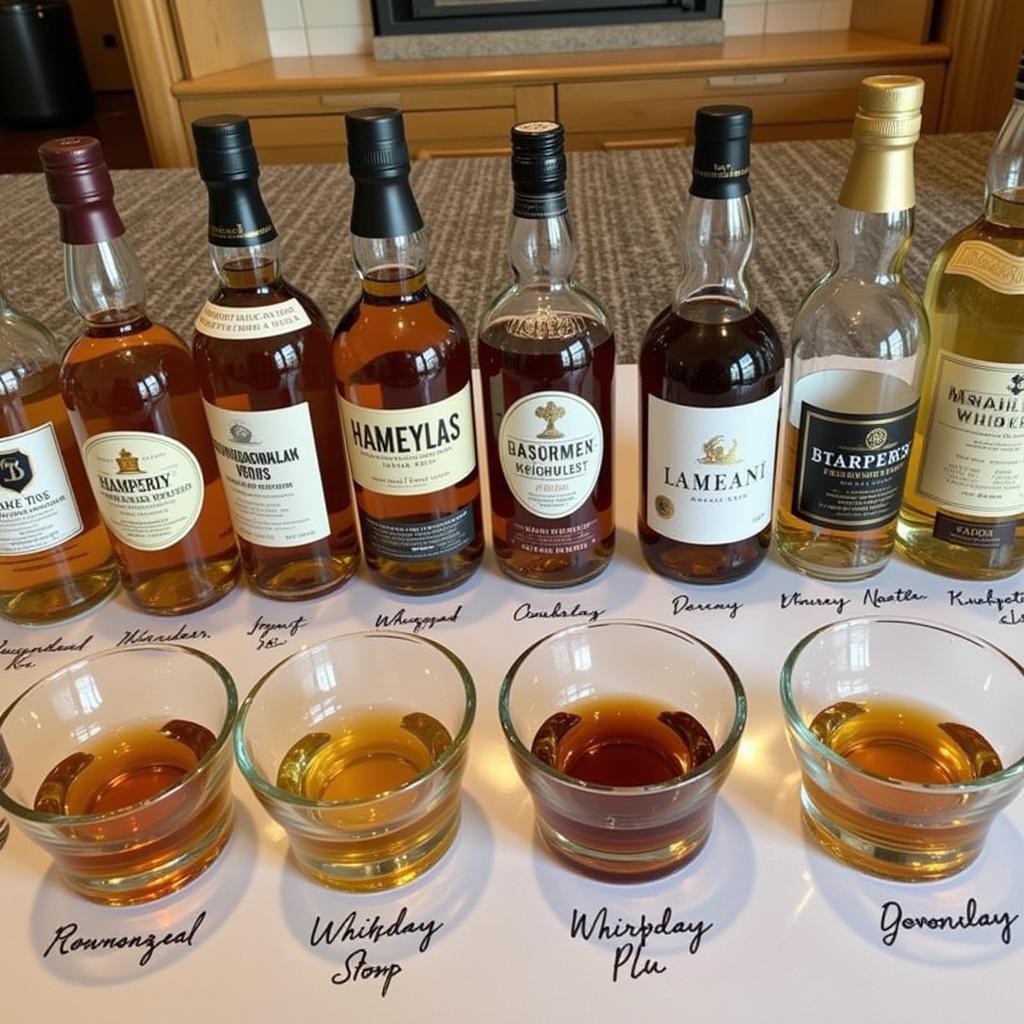 An assortment of whiskey glasses, each containing a different type of whiskey, arranged on a table with tasting notes and water.