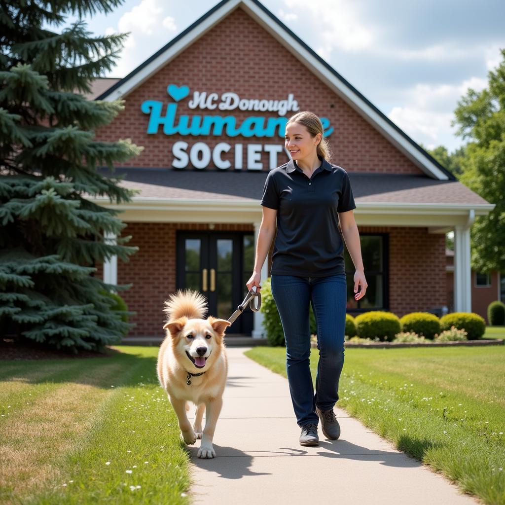 Volunteer walking a dog at McDonough Humane Society