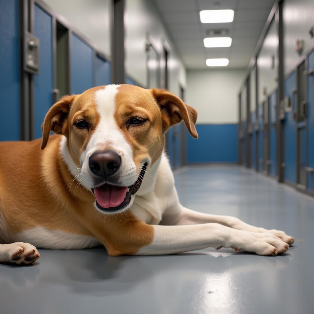 Dog resting comfortably in a kennel at the McKinley County Humane Society