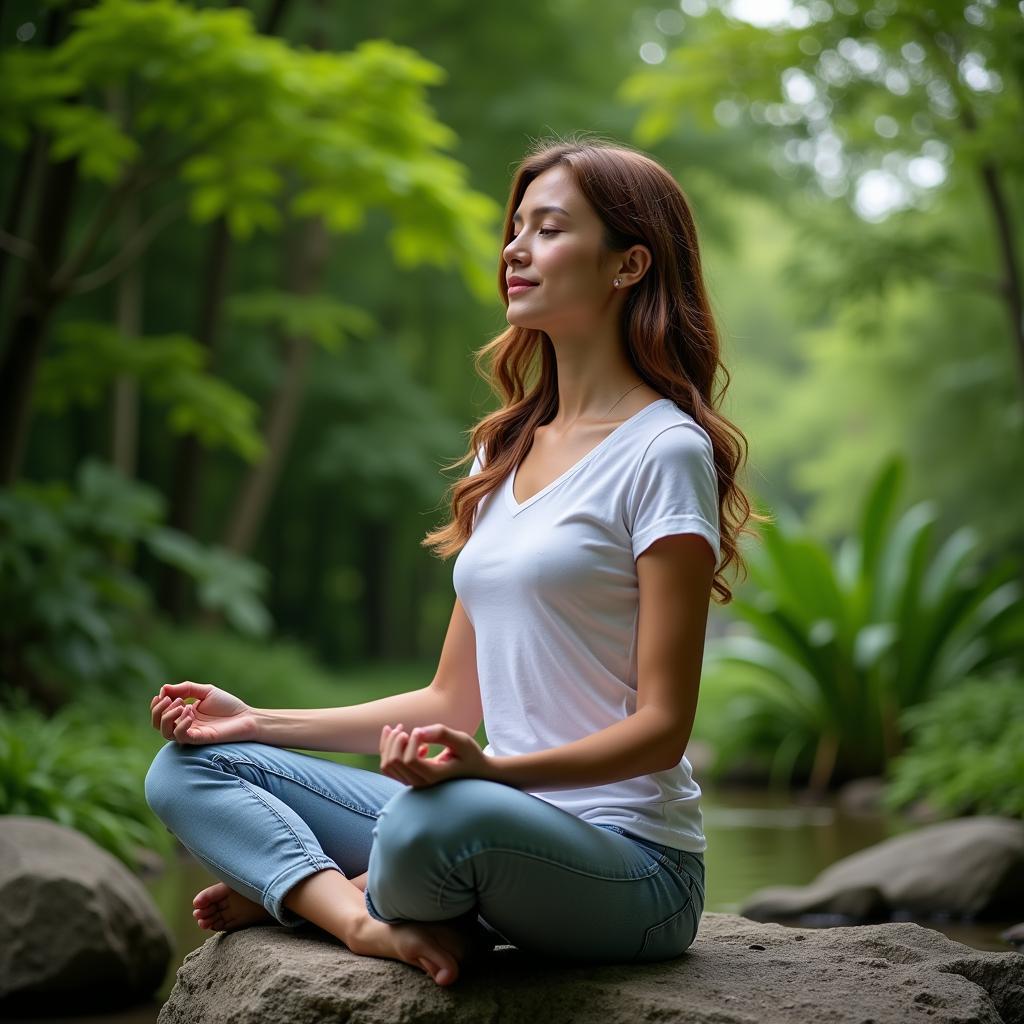 A person meditating peacefully amidst nature, symbolizing the connection between inner peace and a harmonious world.