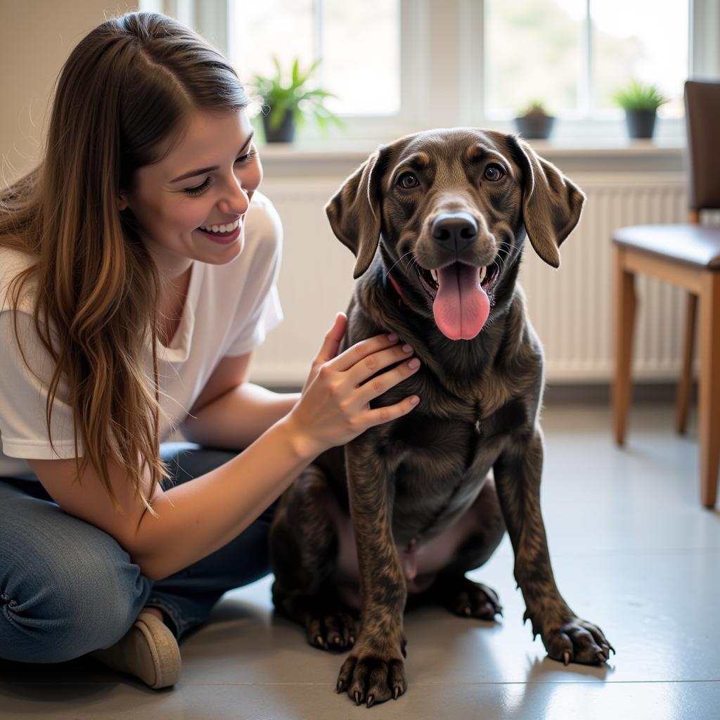 A potential adopter interacts with a dog at the Southwest Washington Humane Society.