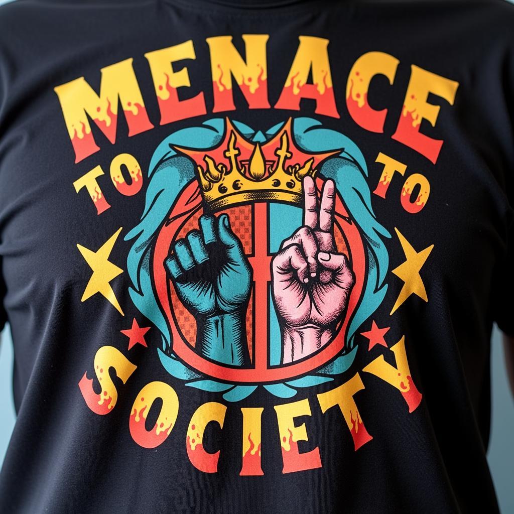 Artistic depiction of a "menace to society" tee shirt design with powerful imagery.