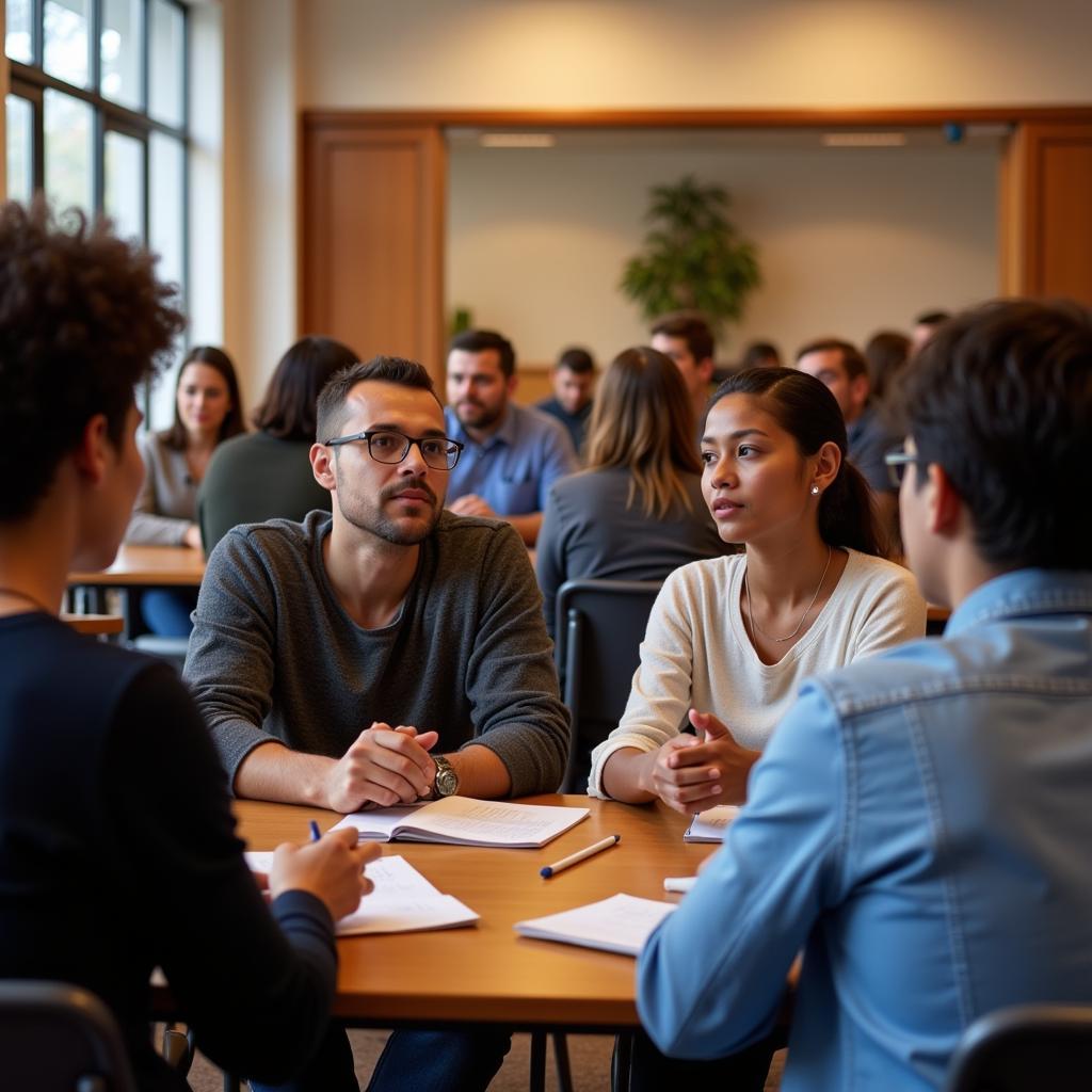 People from diverse backgrounds engaging in a peaceful dialogue about societal issues.