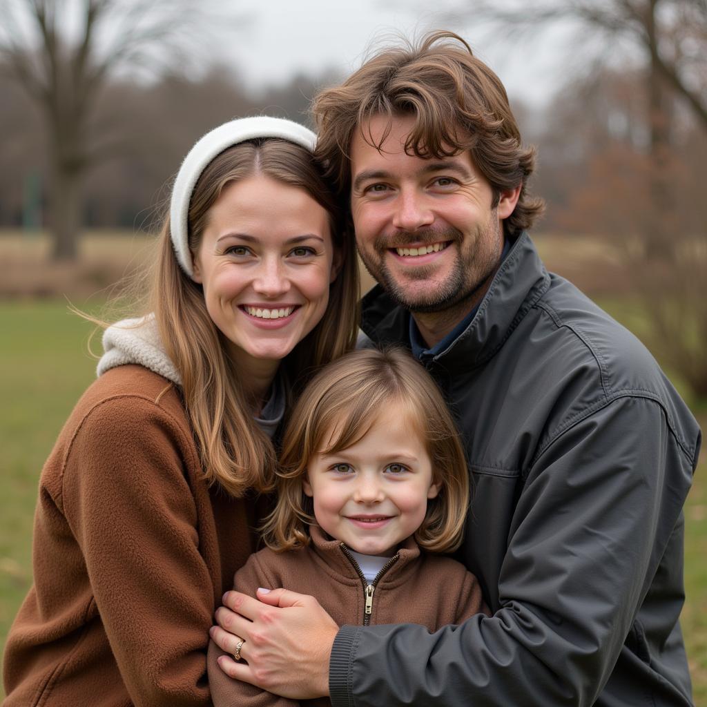 A Mennonite family dressed in traditional clothing, smiling warmly in front of a farmhouse.