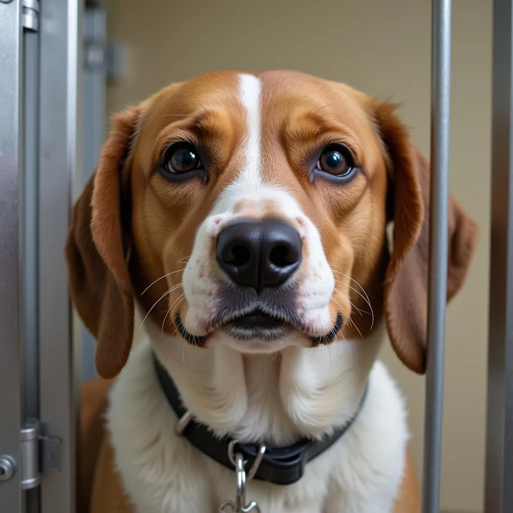 Dog peering out from a kennel at the Mercer County PA Humane Society