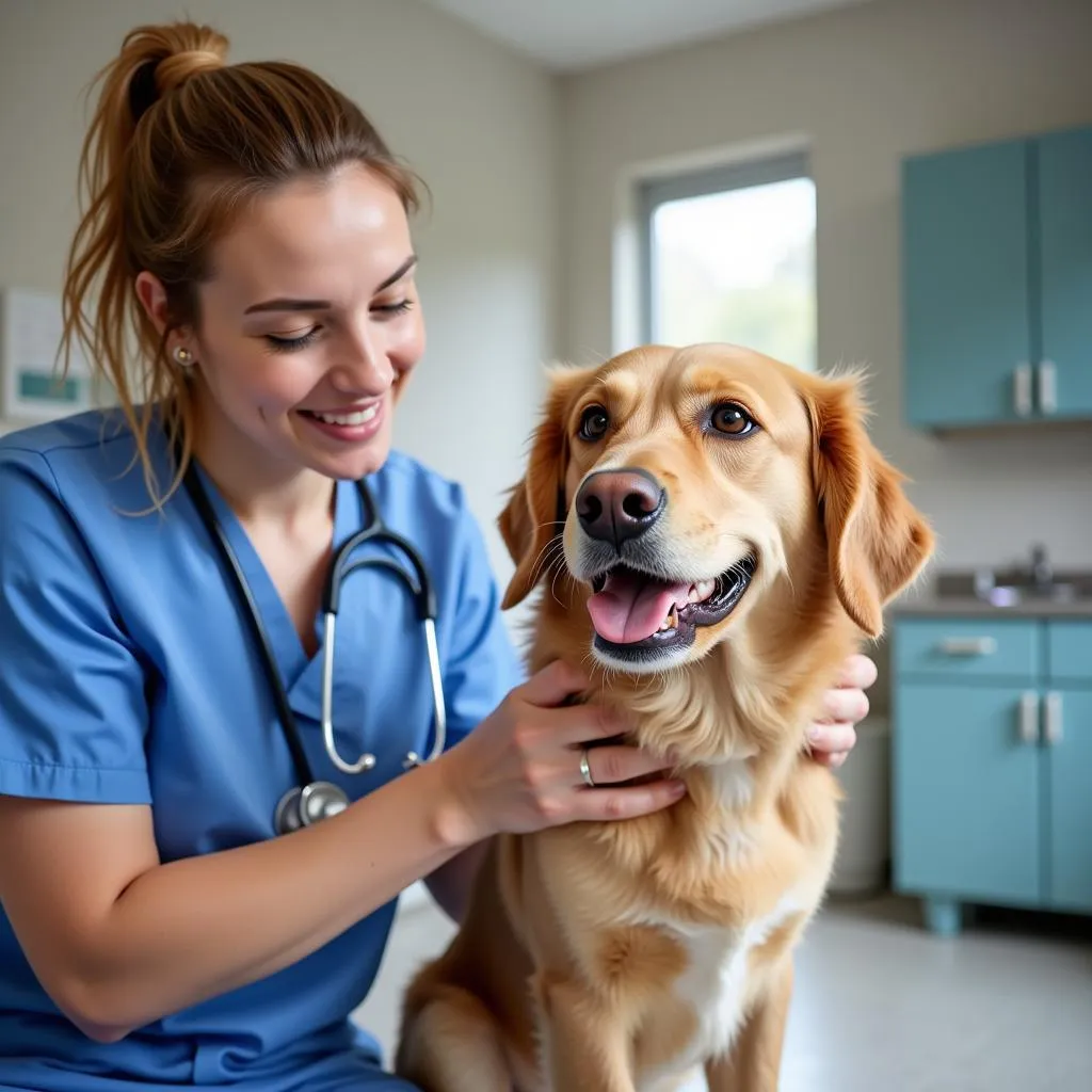 A dog receiving a check-up from a veterinarian at the Meriden CT Humane Society.