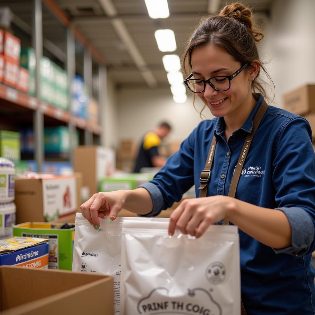 Volunteer packing pet food at the Michigan Humane Society Pet Pantry