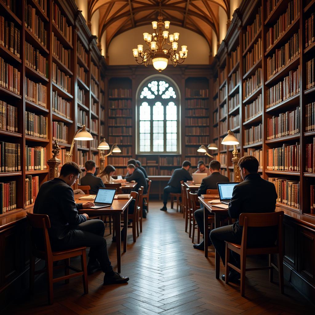 Students studying in a grand library at a university in Michigan