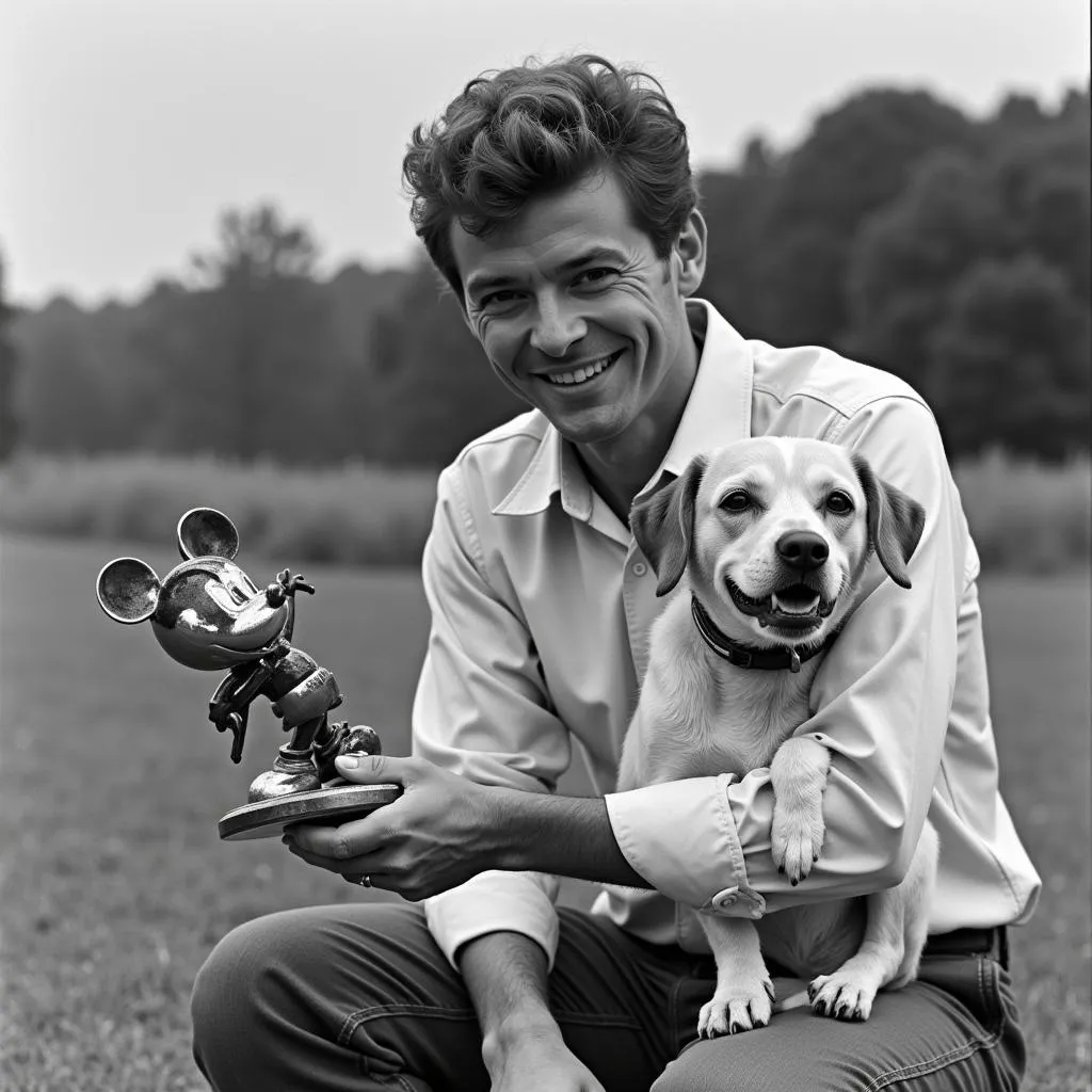 A black and white photo of a proud dog owner holding a trophy with Mickey Mouse on top at the Mickey Mouse Society Dog Show in 1939