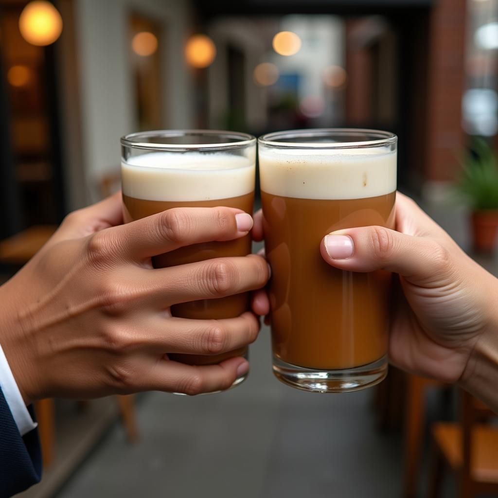 Two people clinking their milk tea glasses together in a gesture of friendship