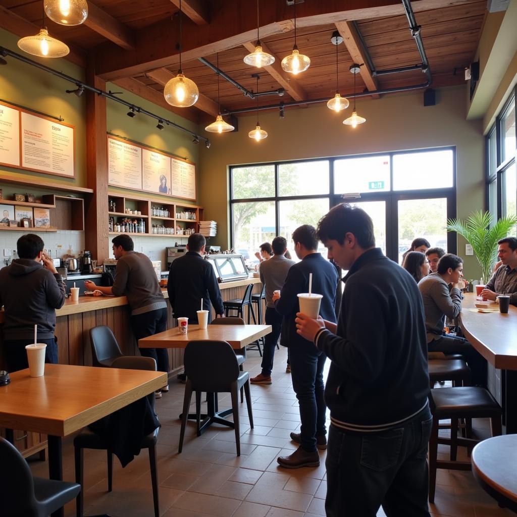  A bustling milk tea shop in San Luis Obispo with a diverse clientele.