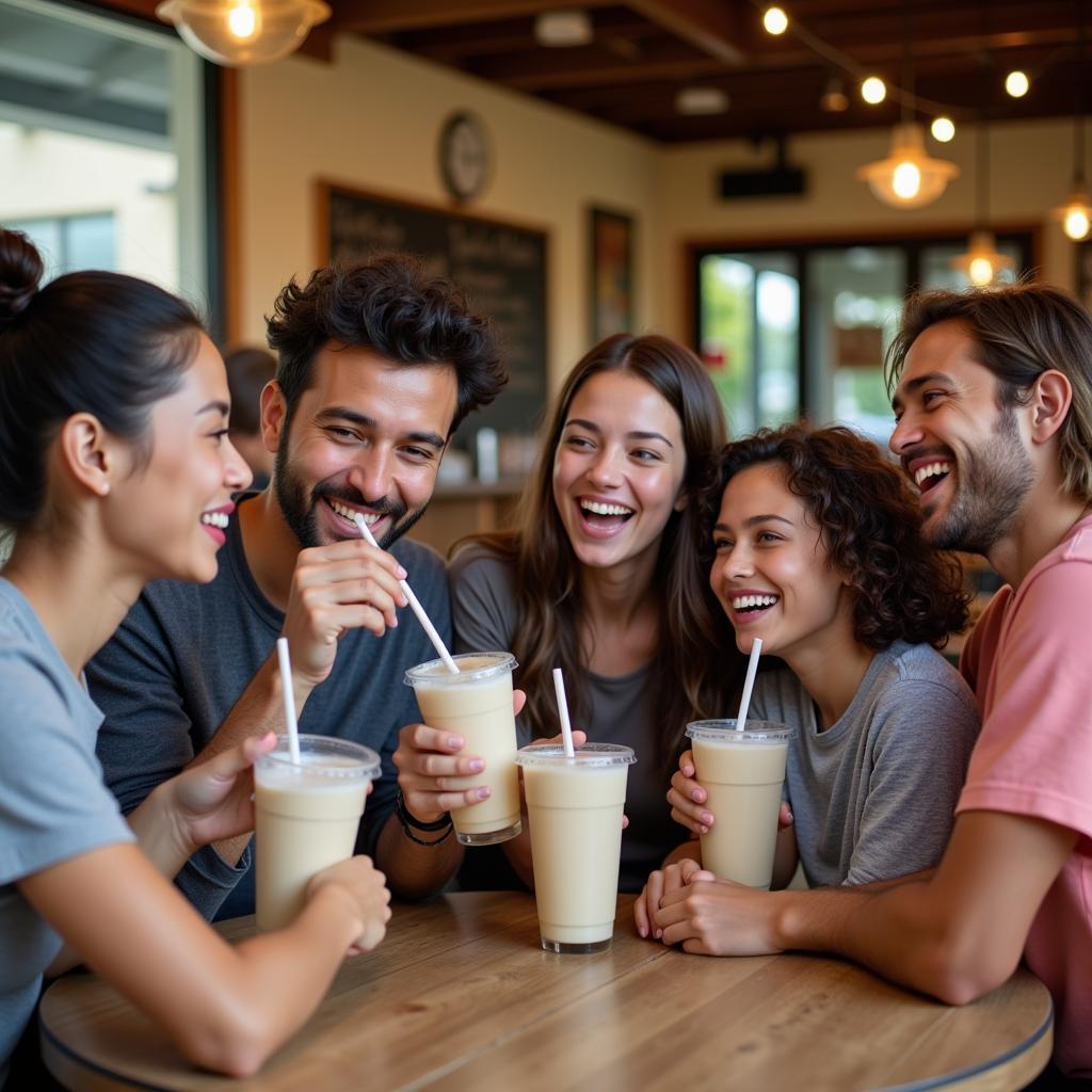 A diverse group of people enjoying milk tea together in San Luis Obispo