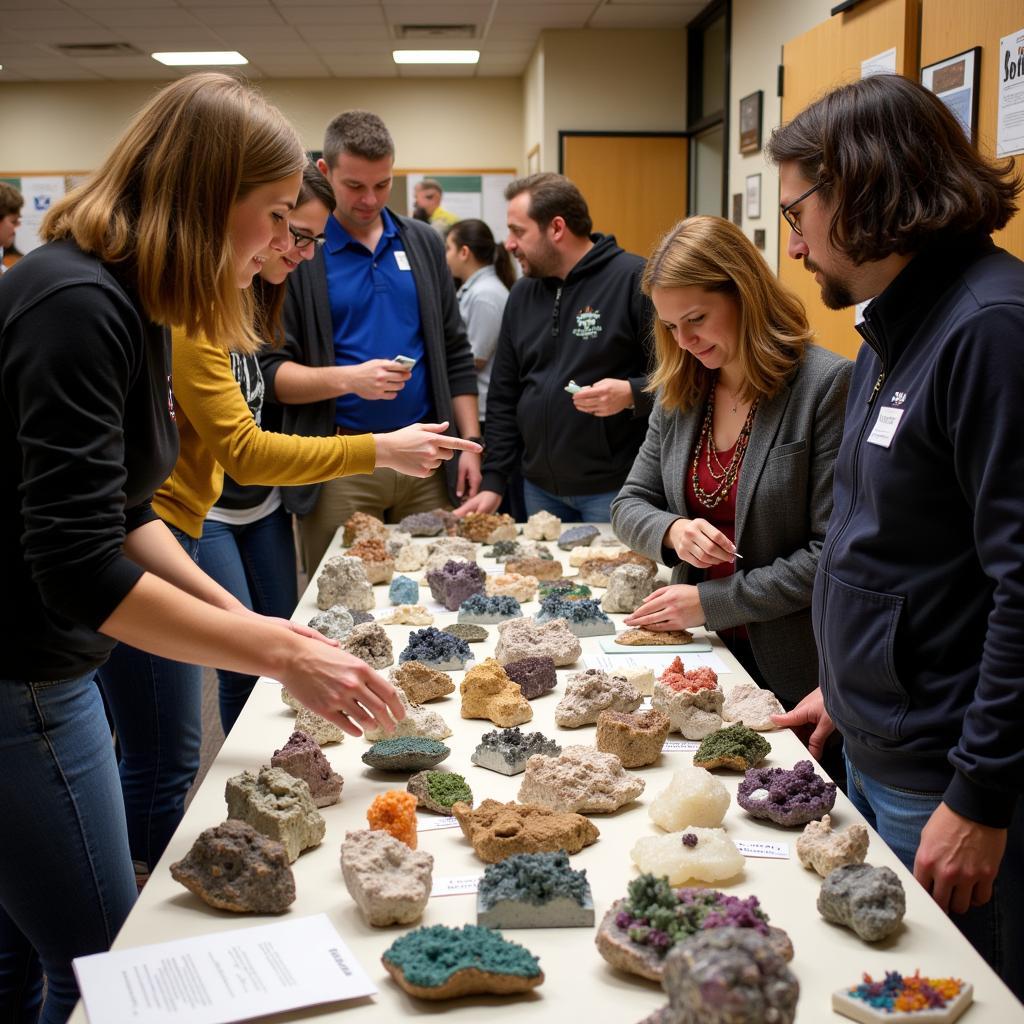 A table displaying various minerals at a Searles Lake Gem & Mineral Society meeting