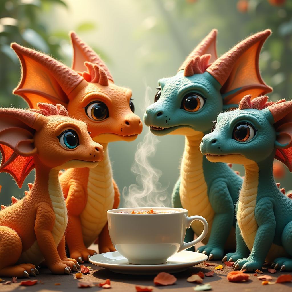 Minette tea dragons sharing a pot of tea