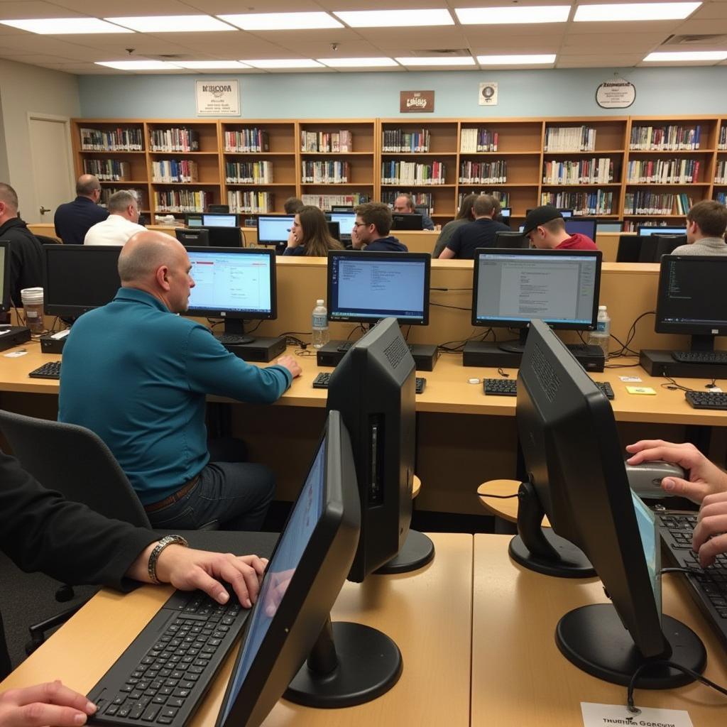 Genealogists utilizing online databases and microfilm readers at the Missouri Historical Society