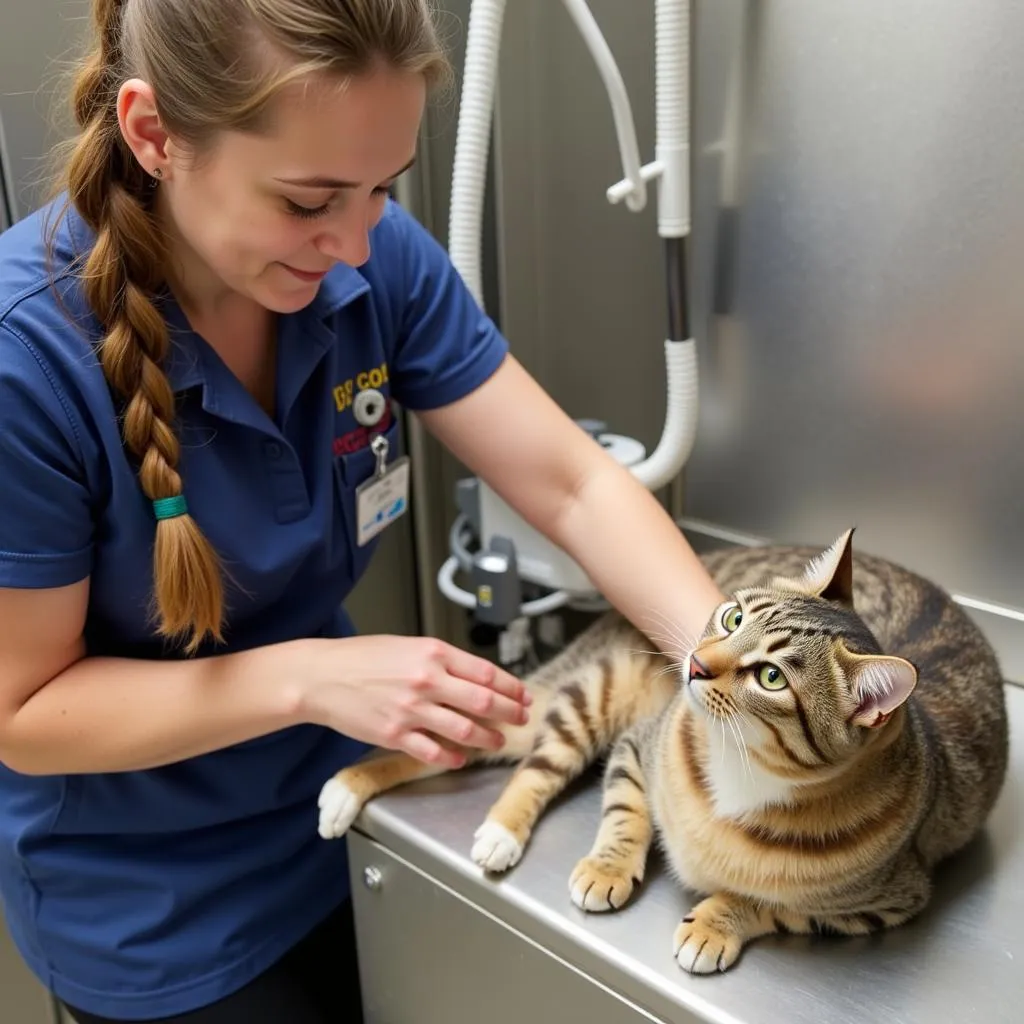 A MN Federated Humane Society staff member providing care to a cat