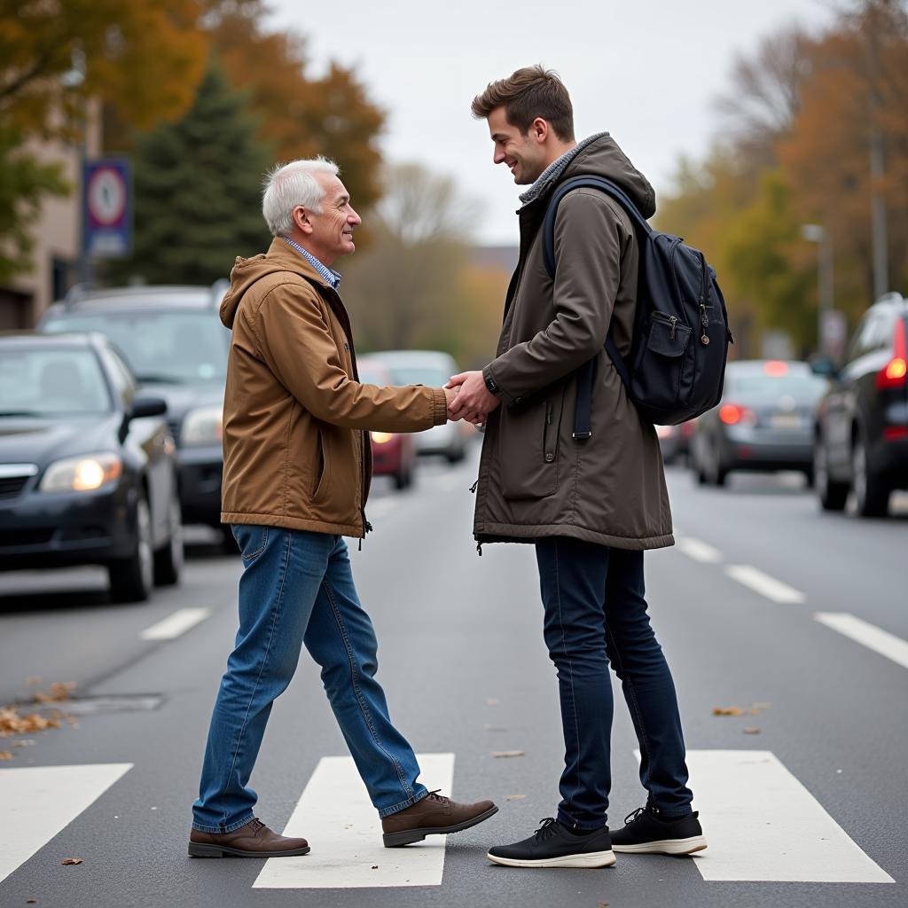 Man helping an elderly person cross the street