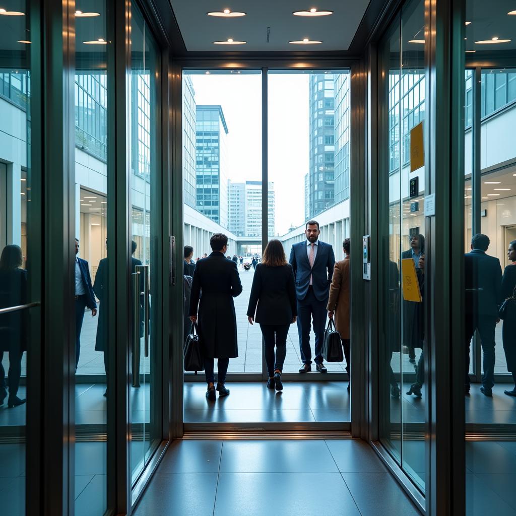 Commuters riding an elevator in a modern office building.