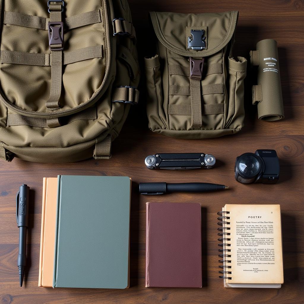 Modern Tactical Gear Juxtaposed with Poetry Books