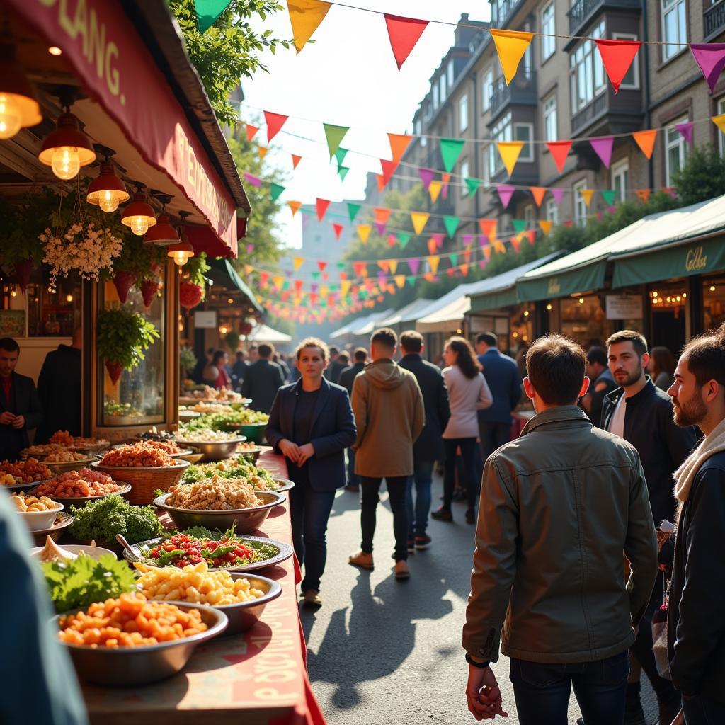 A bustling vegetarian festival in modern-day Boston