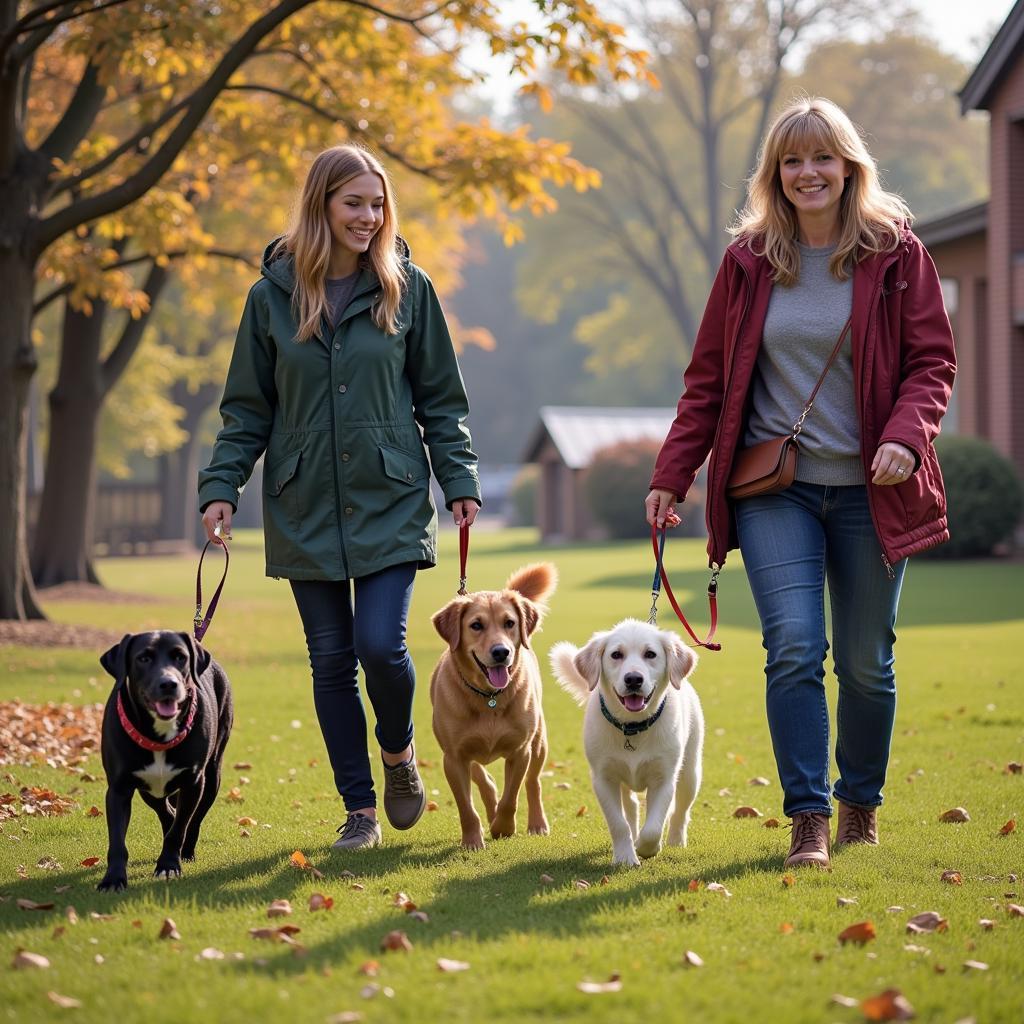 Volunteers walking dogs at the Monroe Humane Society