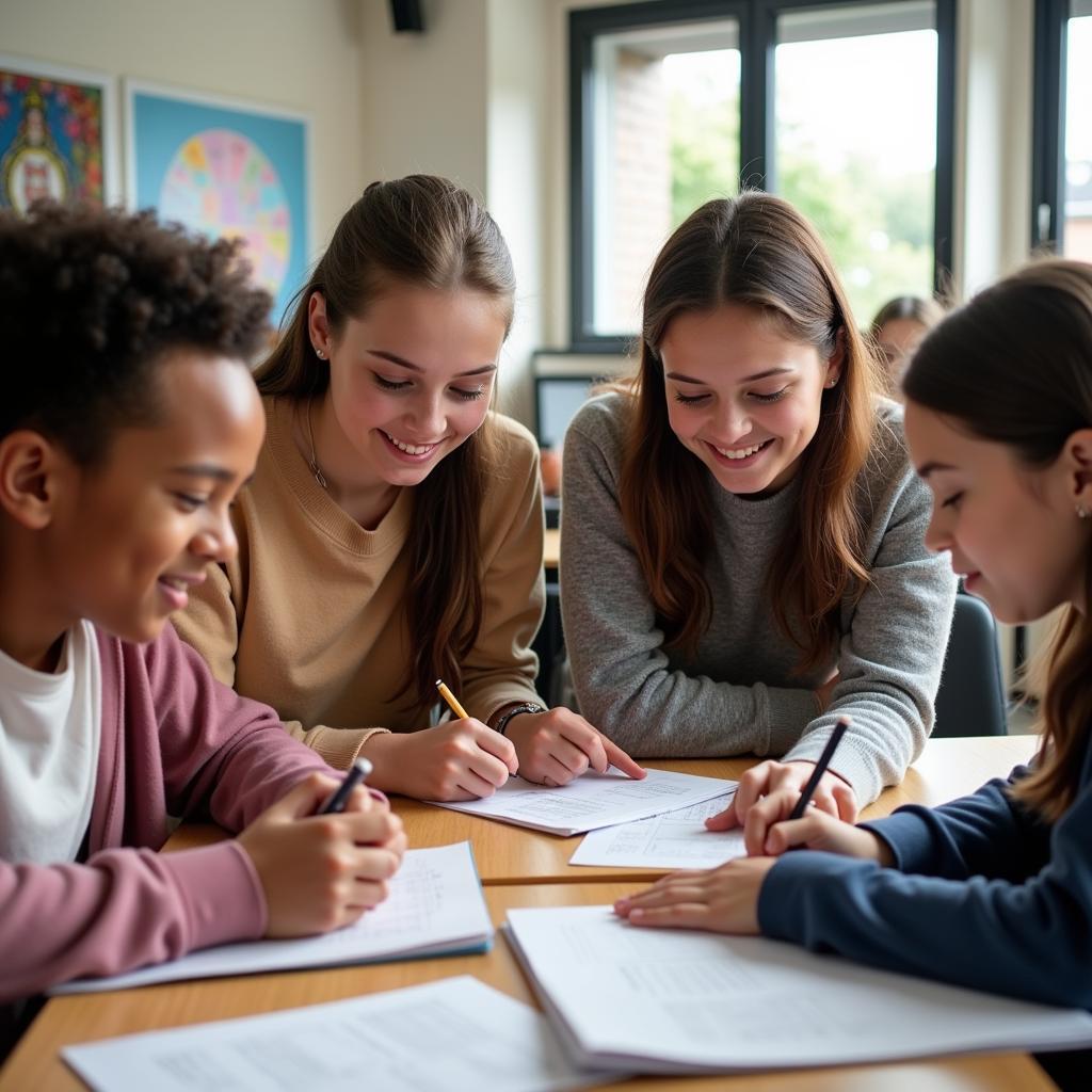 Diverse students collaborating in a classroom