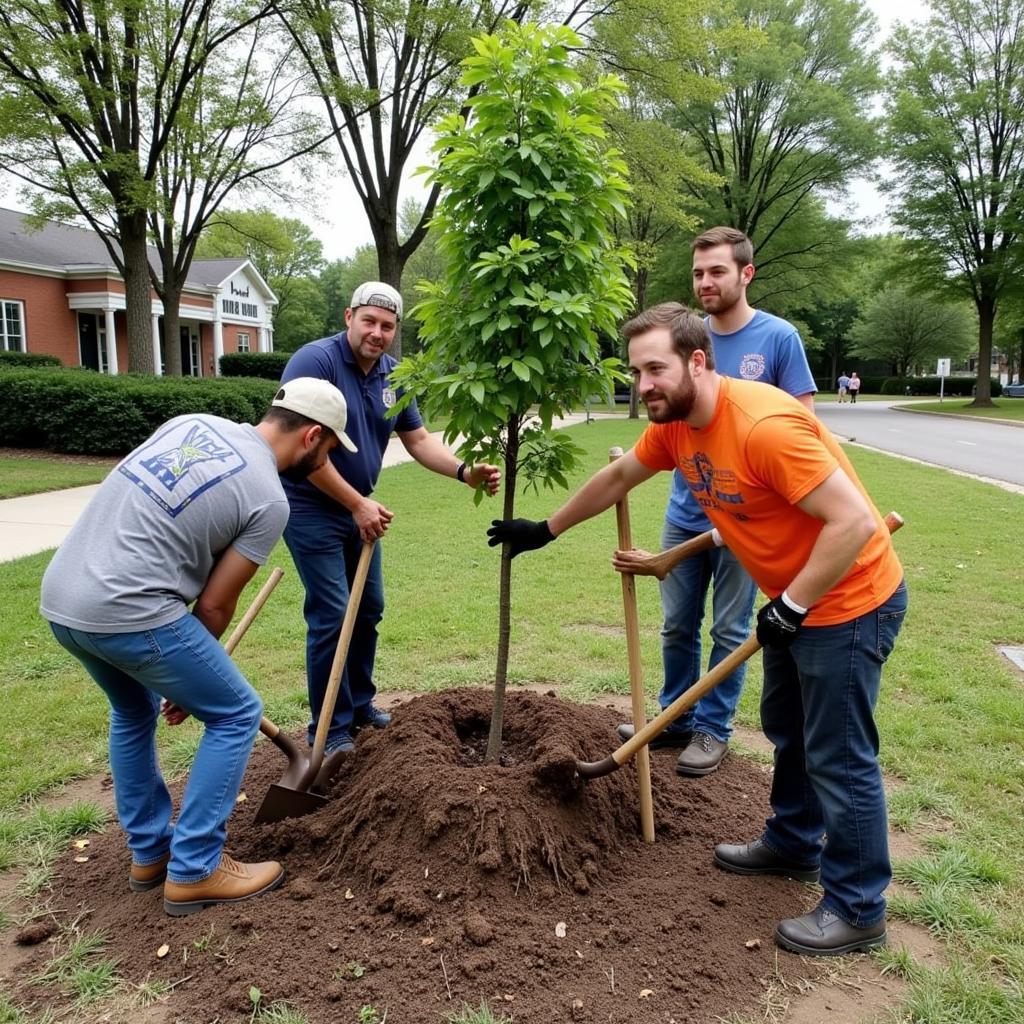 Municipal arborists working together to plant a tree in an urban park