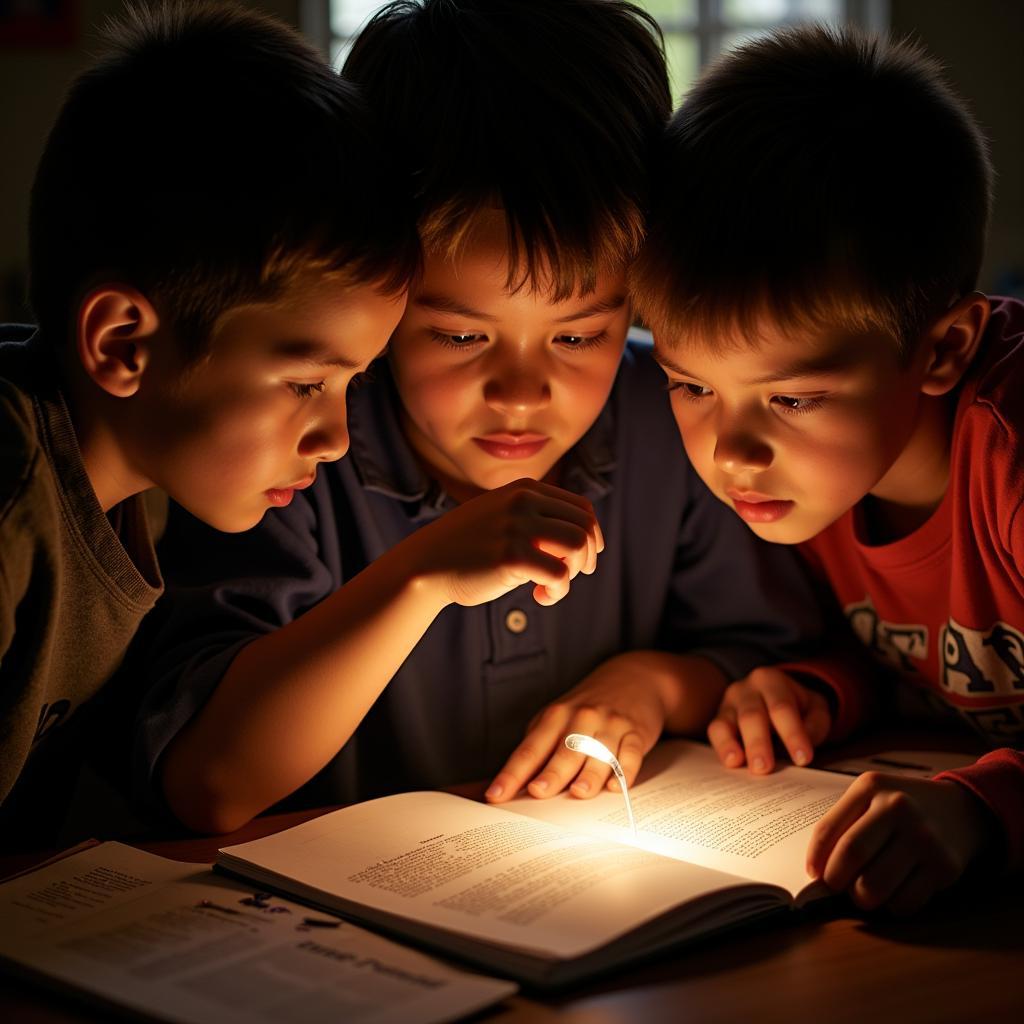 Children huddled around a notebook deciphering a code