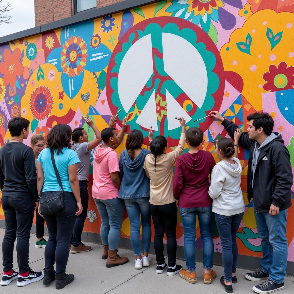 Students painting a community mural